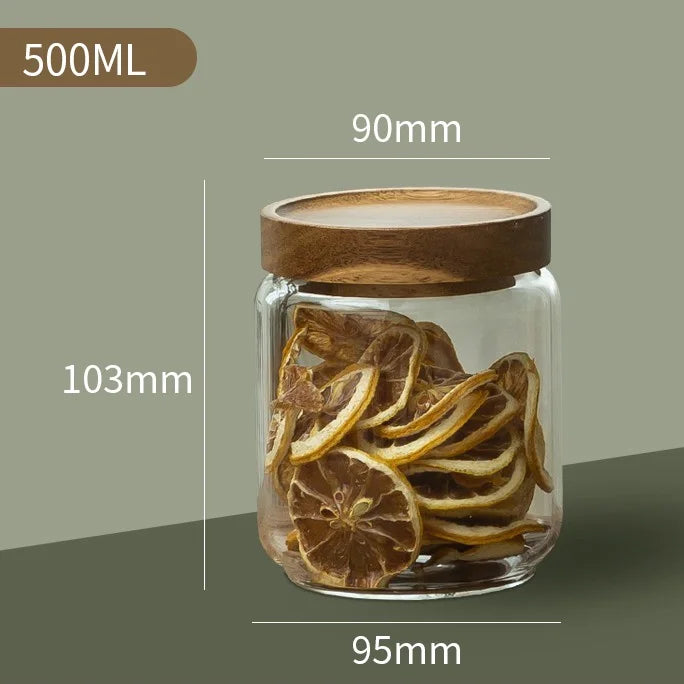Glass Airtight Kitchen Canister - Wood Lid Food Storage Jar