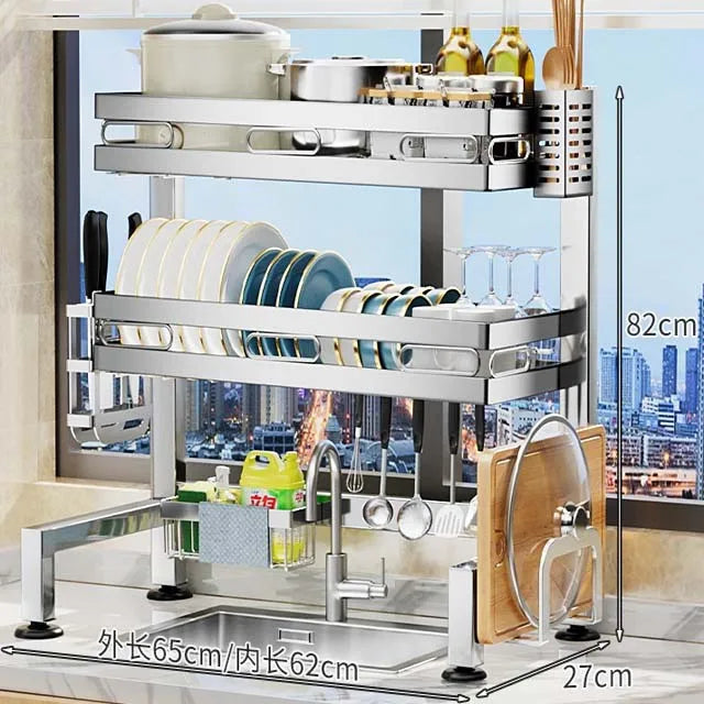Over-Sink Metal Dish Drying Rack with Cutlery Organizer
