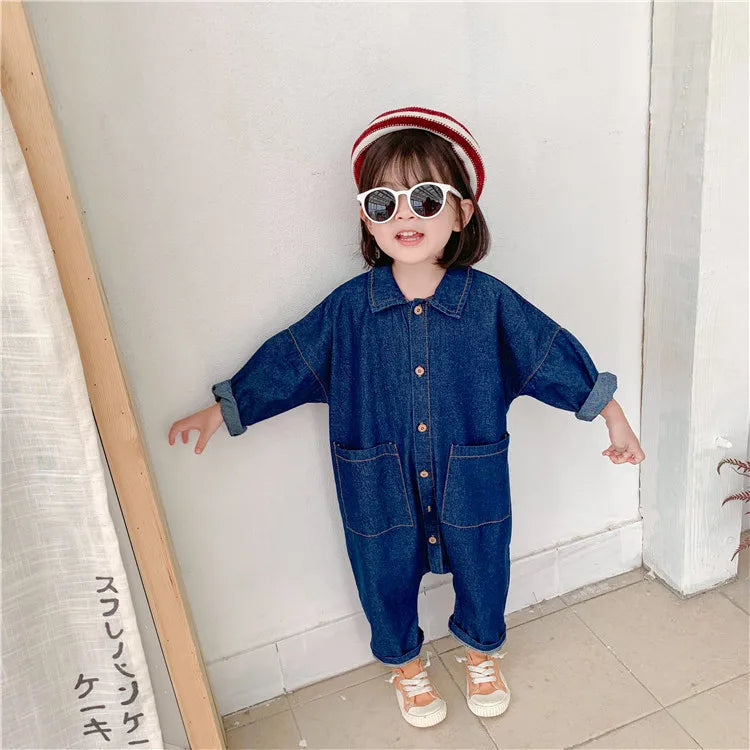 Denim Baby Jumpsuit - Casual Long Sleeve Kids Romper Outfit