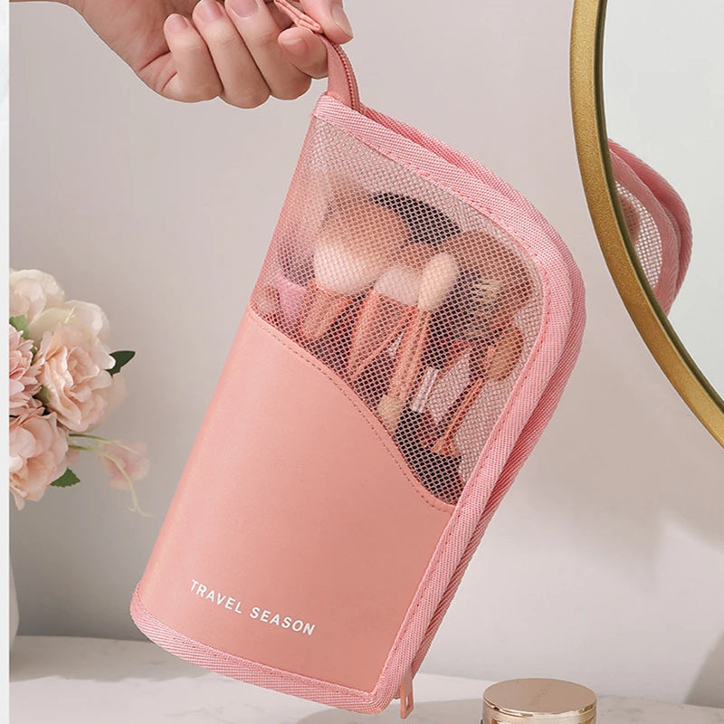 Clear Zipper Standing Makeup Bag - Travel Brush Organizer Pouch