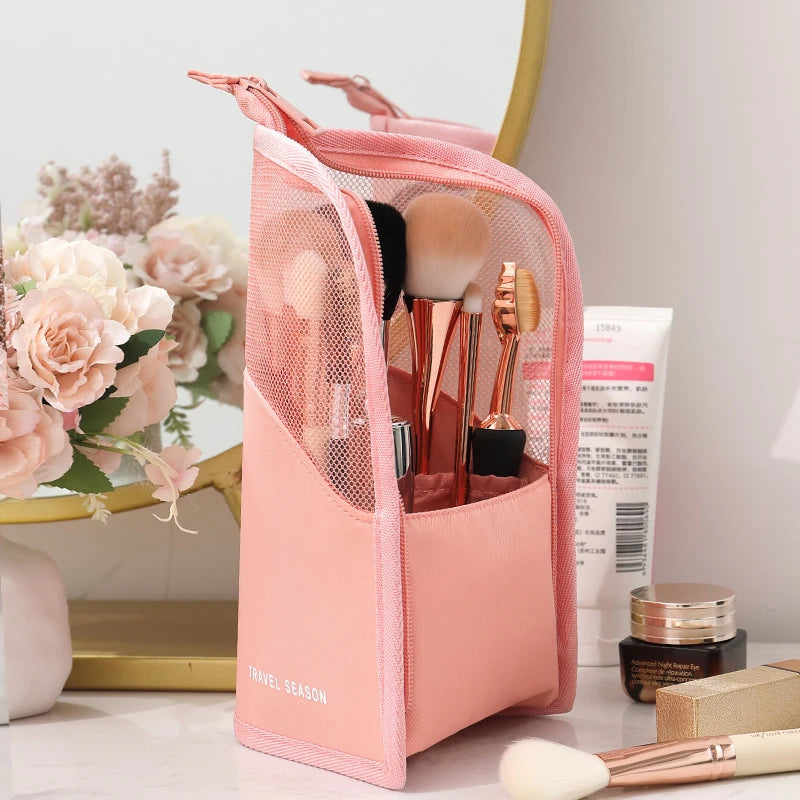 Clear Zipper Standing Makeup Bag - Travel Brush Organizer Pouch