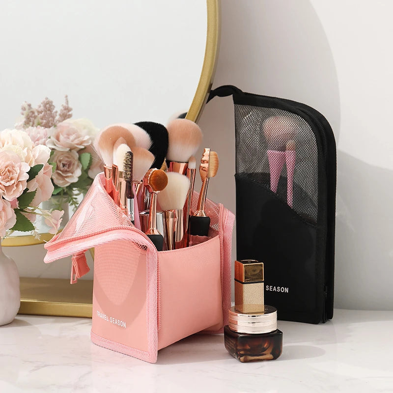Clear Zipper Standing Makeup Bag - Travel Brush Organizer Pouch