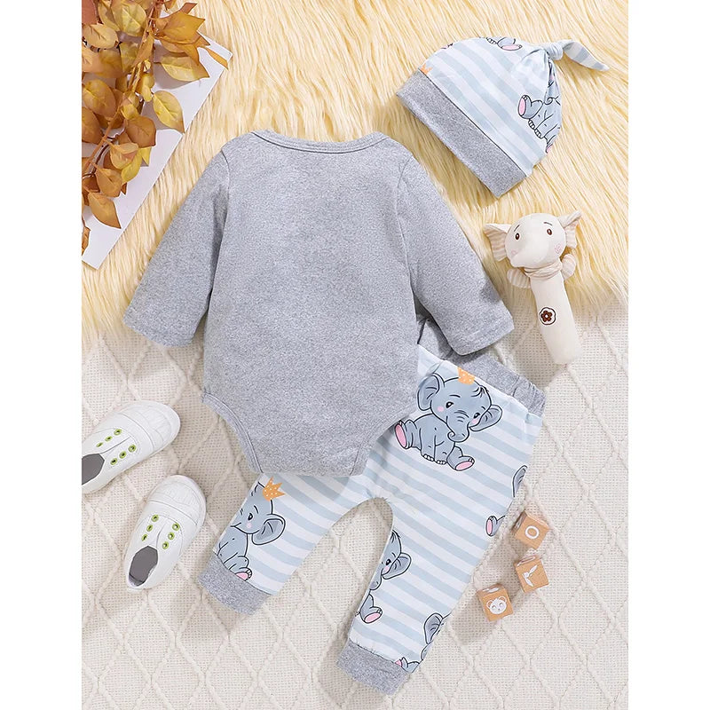 Infant Long Sleeve Romper Set - Romper, Pants and Hat Outfit