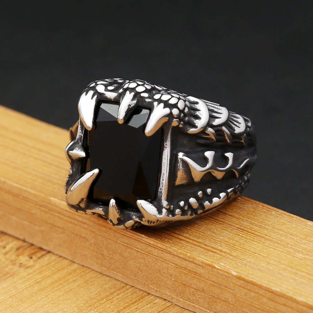 Gothic Dragon Claw Stainless Steel Black Stone Ring