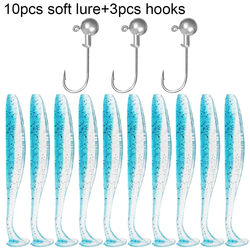 Soft T-Tail Worm Fishing Lure Kit with Jig Head Hooks