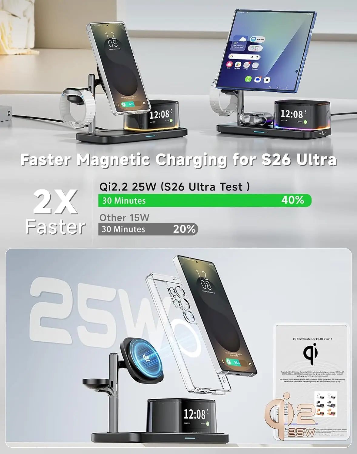 25W Magnetic Wireless Charger Stand - Bluetooth Speaker Dock