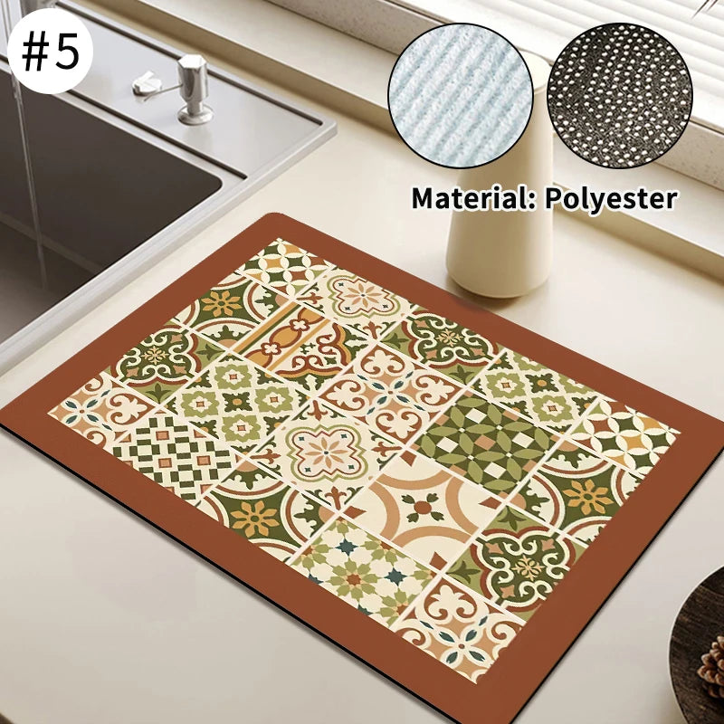 Absorbent Printed Dish Drying Mat for Kitchen Counters