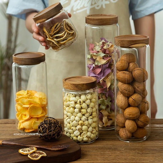 Glass Airtight Kitchen Canister - Wood Lid Food Storage Jar