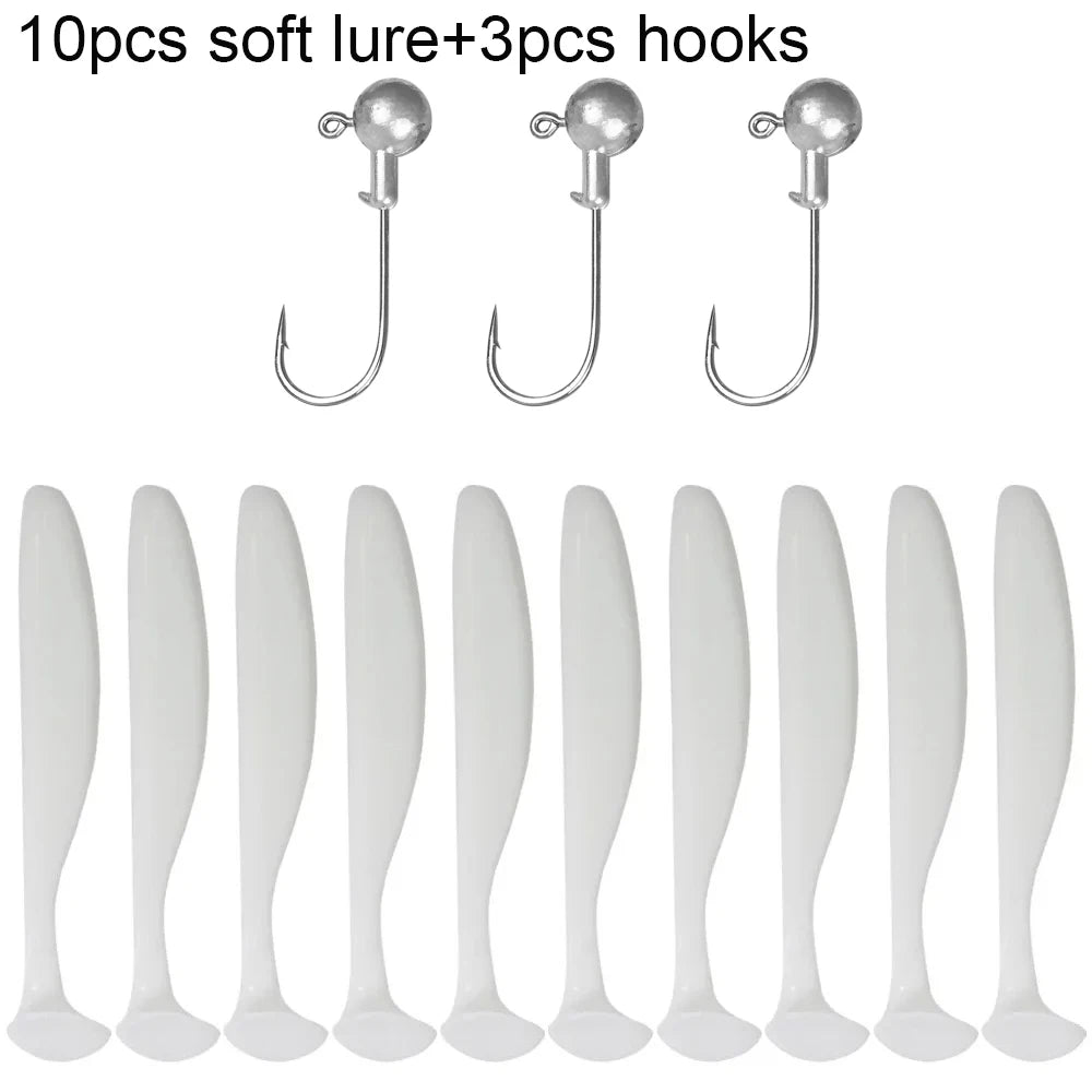 Soft T-Tail Worm Fishing Lure Kit with Jig Head Hooks