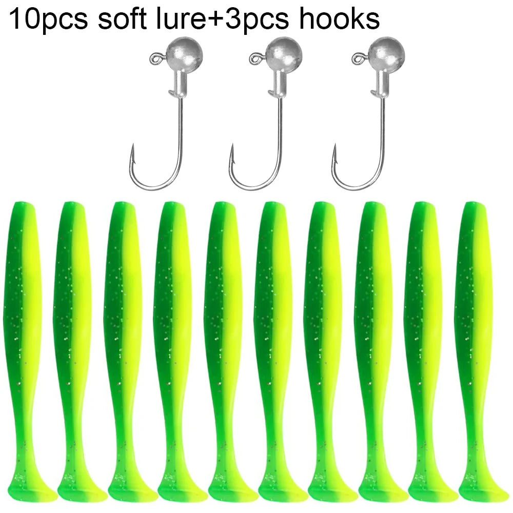 Soft T-Tail Worm Fishing Lure Kit with Jig Head Hooks