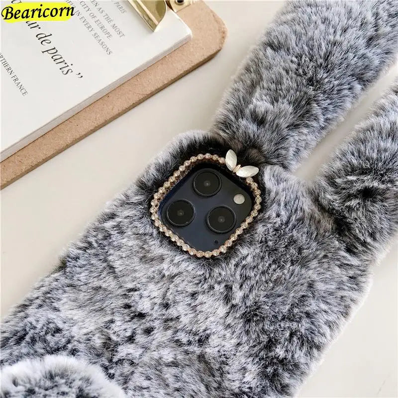 Soft Plush iPhone Case - 3D Furry Bunny Warm Phone Cover