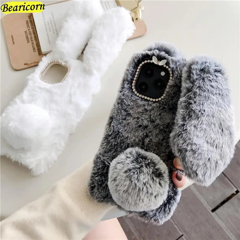 Soft Plush iPhone Case - 3D Furry Bunny Warm Phone Cover