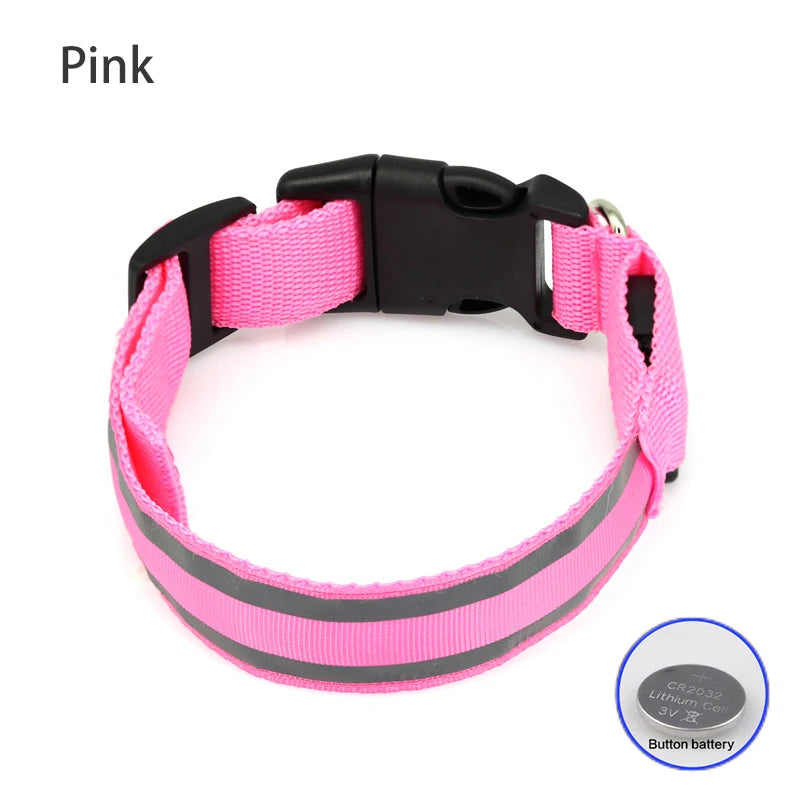 Reflective LED Dog Collar with Rechargeable or Button Battery Options