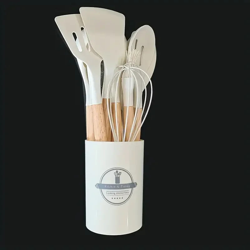 12-Piece Silicone Cooking Utensil Set with Wooden Handles