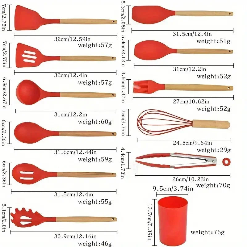 12-Piece Silicone Cooking Utensil Set with Wooden Handles