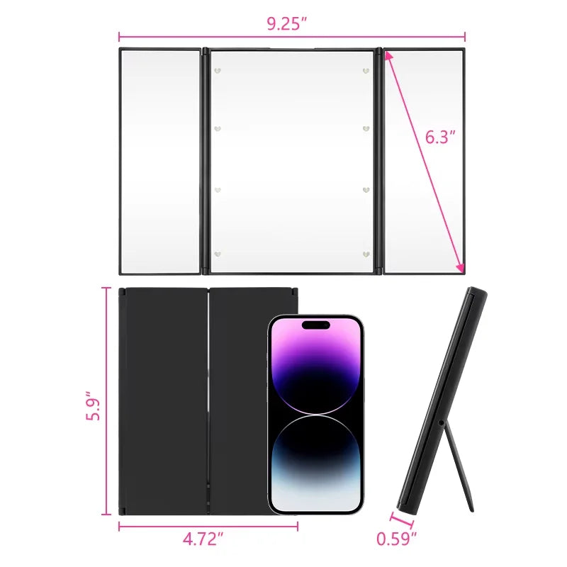 Portable LED Three-Sided Makeup Mirror - Folding Vanity Stand