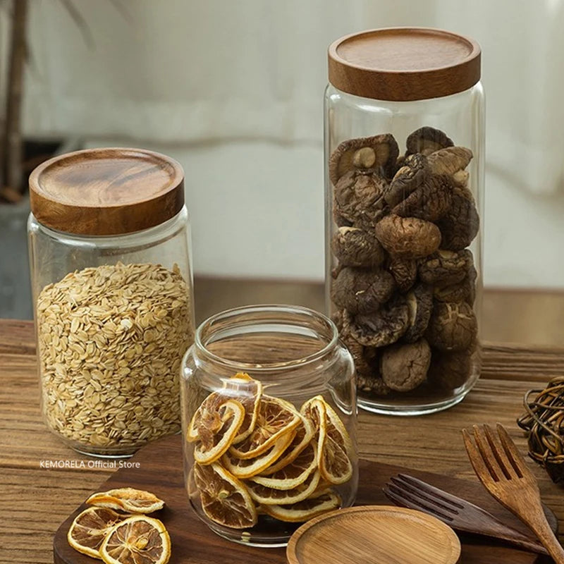 Glass Airtight Kitchen Canister - Wood Lid Food Storage Jar