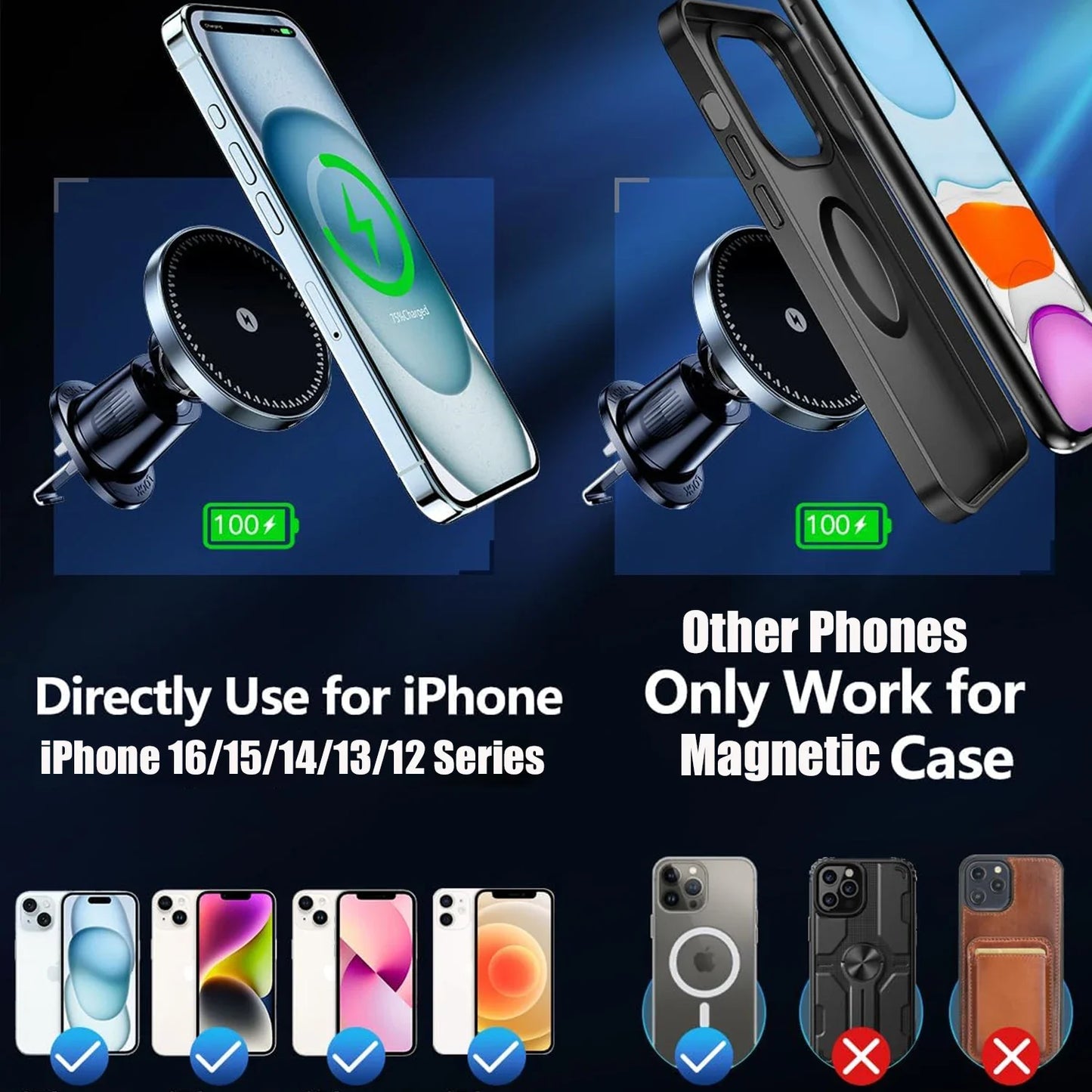 Magnetic Air Vent Wireless Car Charger Holder with Type-C Cable