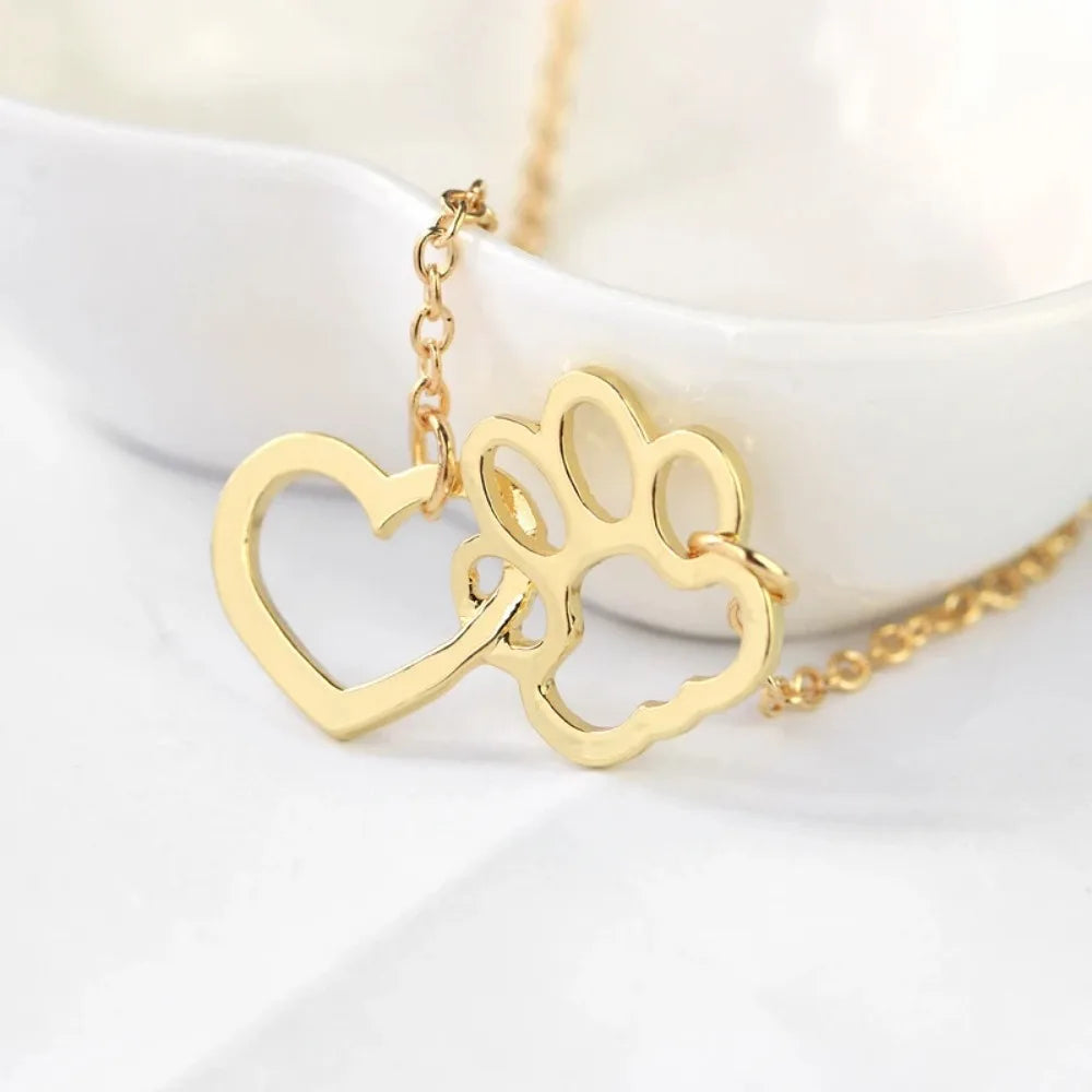 Hollow Pet Paw Heart Pendant Necklace
