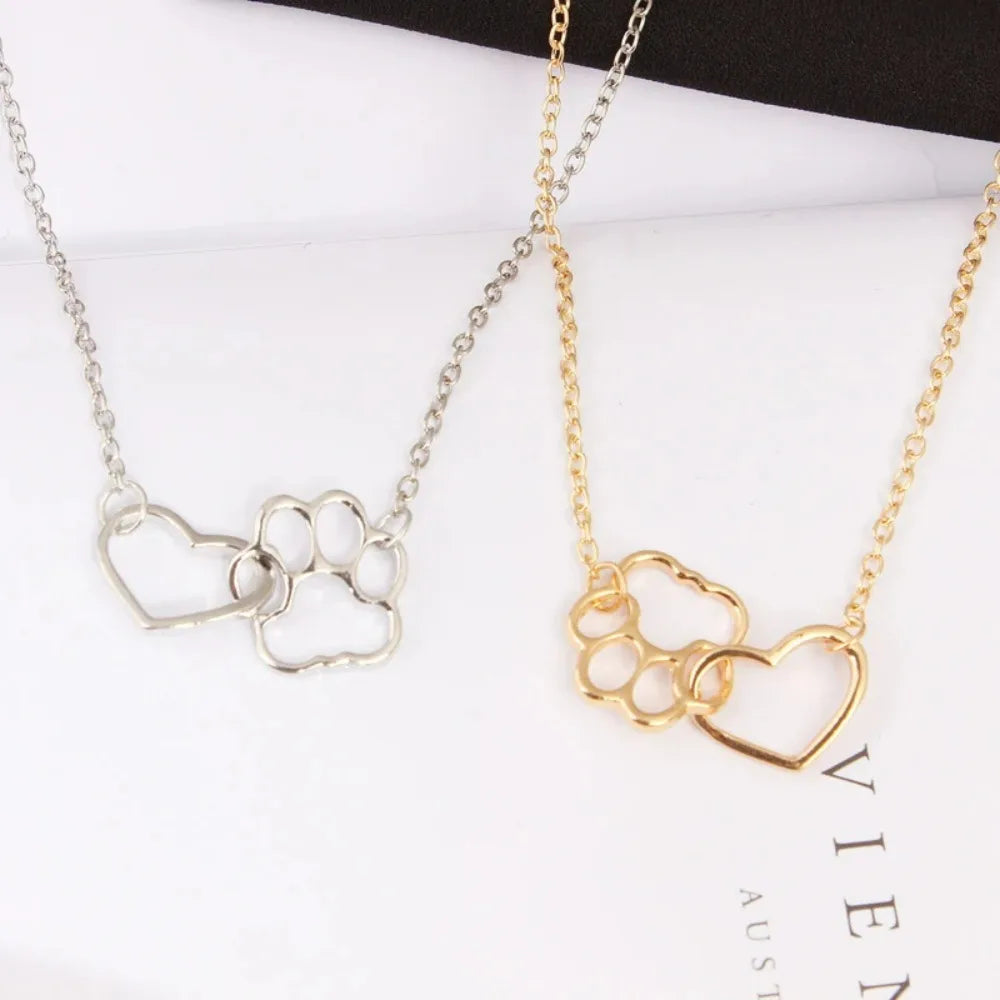 Hollow Pet Paw Heart Pendant Necklace