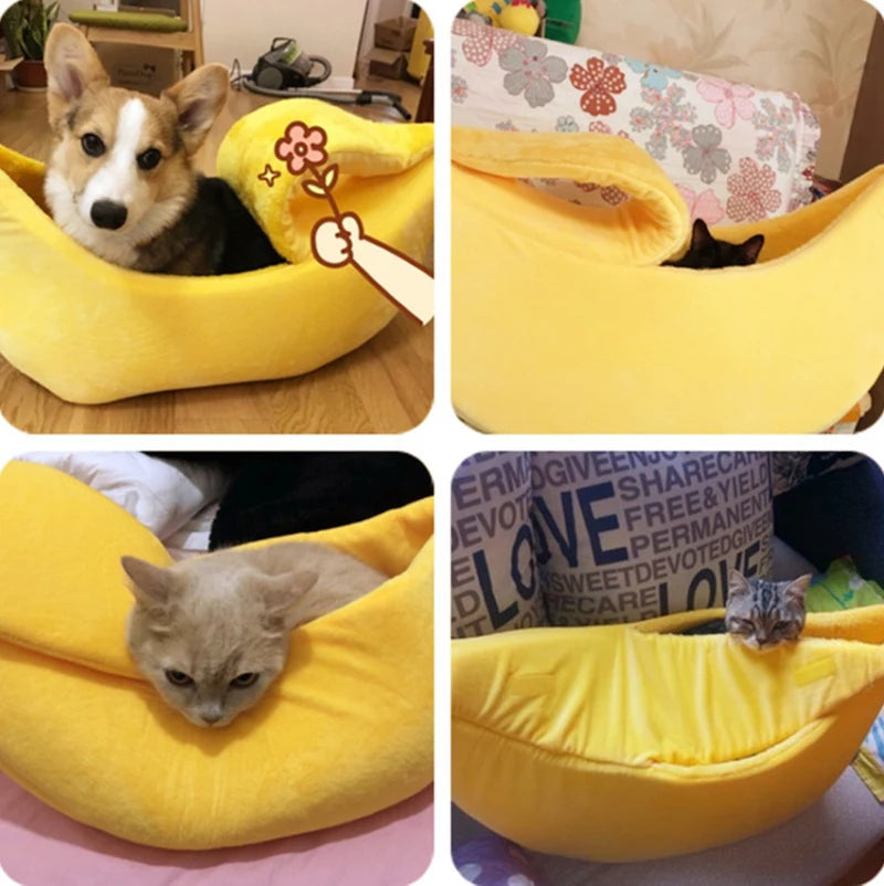 Banana Shaped Cozy Cat Bed House with Coral Fleece