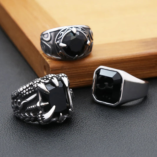 Gothic Dragon Claw Stainless Steel Black Stone Ring