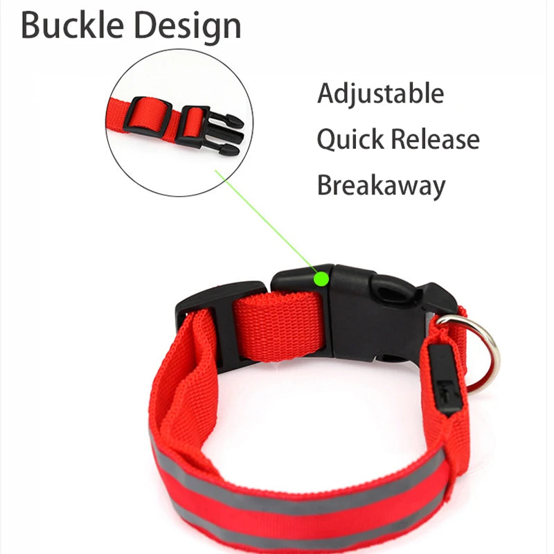 Reflective LED Dog Collar with Rechargeable or Button Battery Options