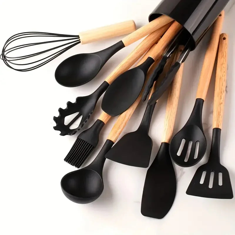 12-Piece Silicone Cooking Utensil Set with Wooden Handles