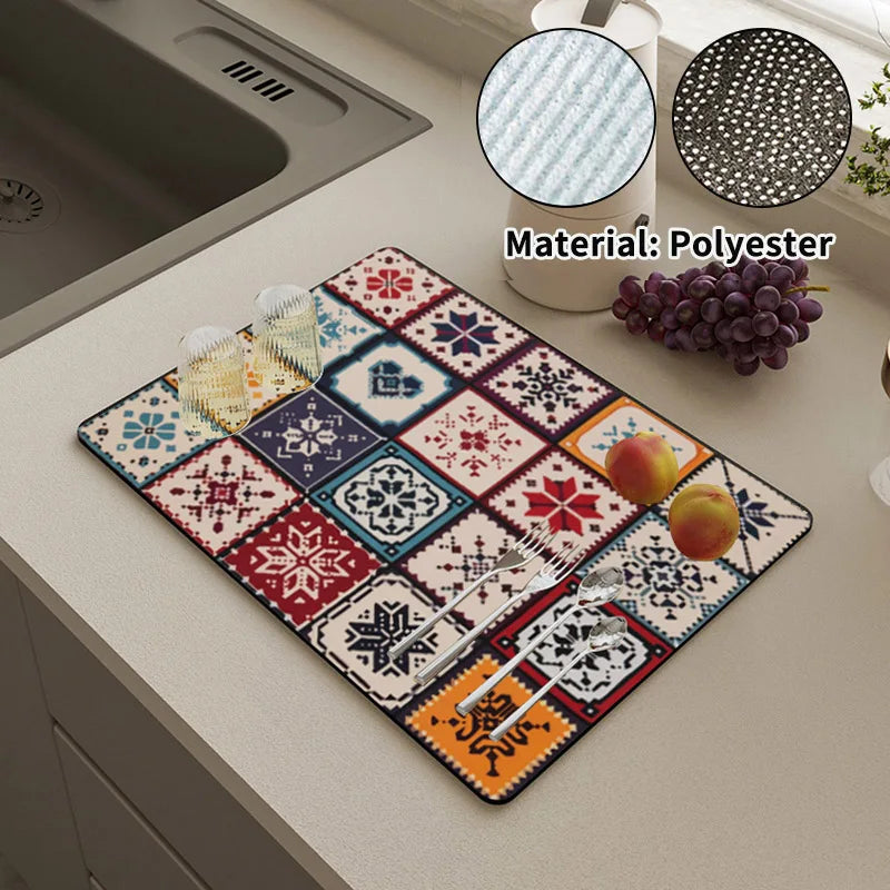 Absorbent Printed Dish Drying Mat for Kitchen Counters