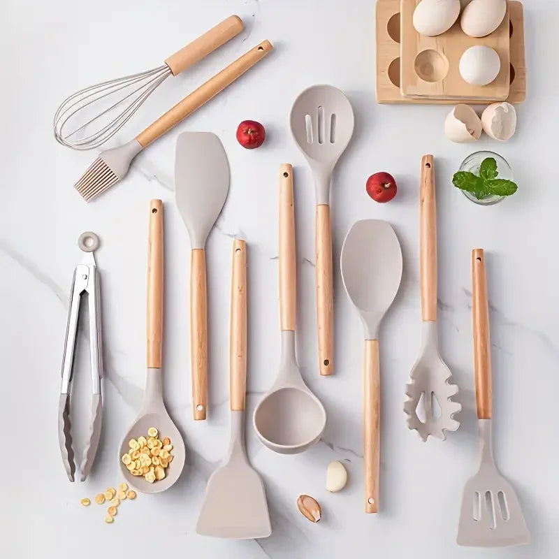 12-Piece Silicone Cooking Utensil Set with Wooden Handles
