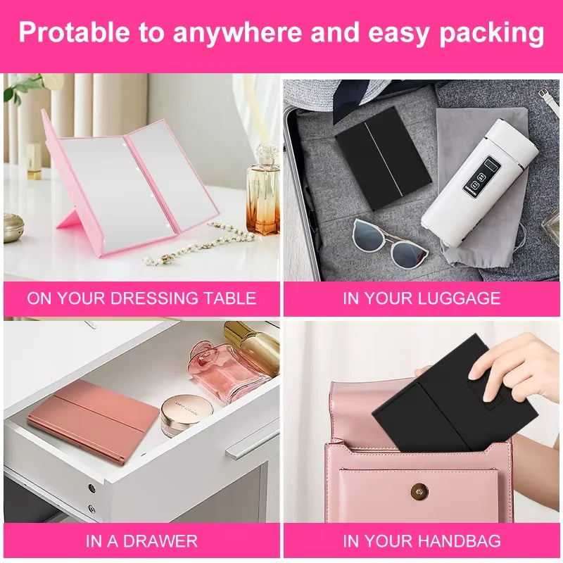 Portable LED Three-Sided Makeup Mirror - Folding Vanity Stand