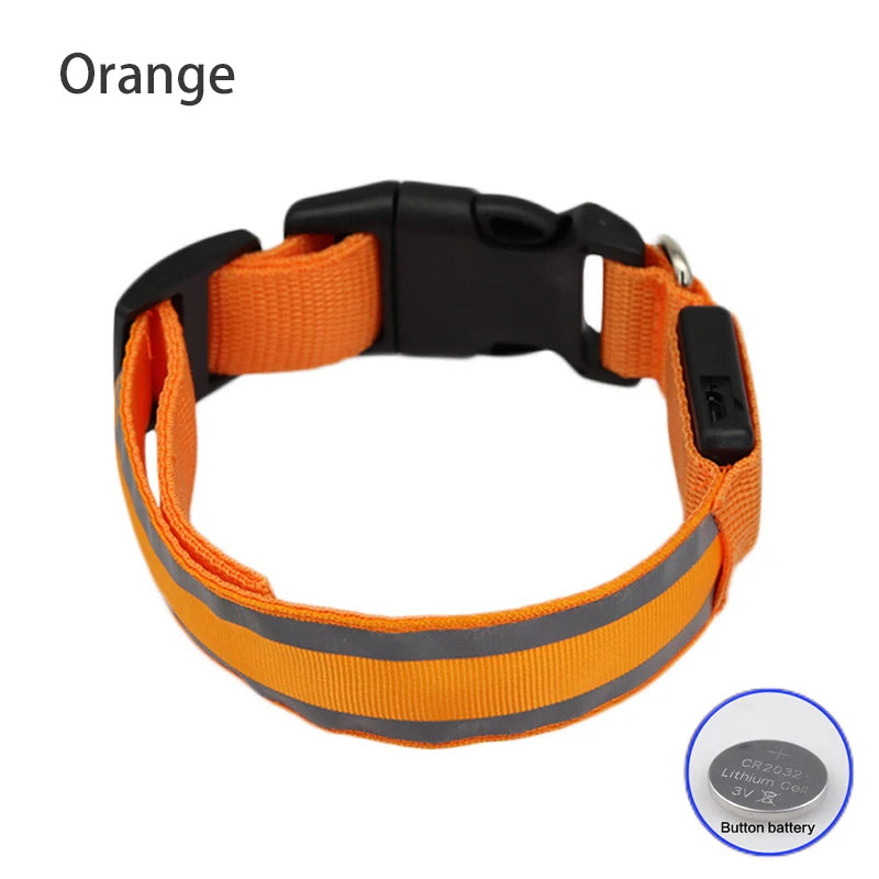 Reflective LED Dog Collar with Rechargeable or Button Battery Options