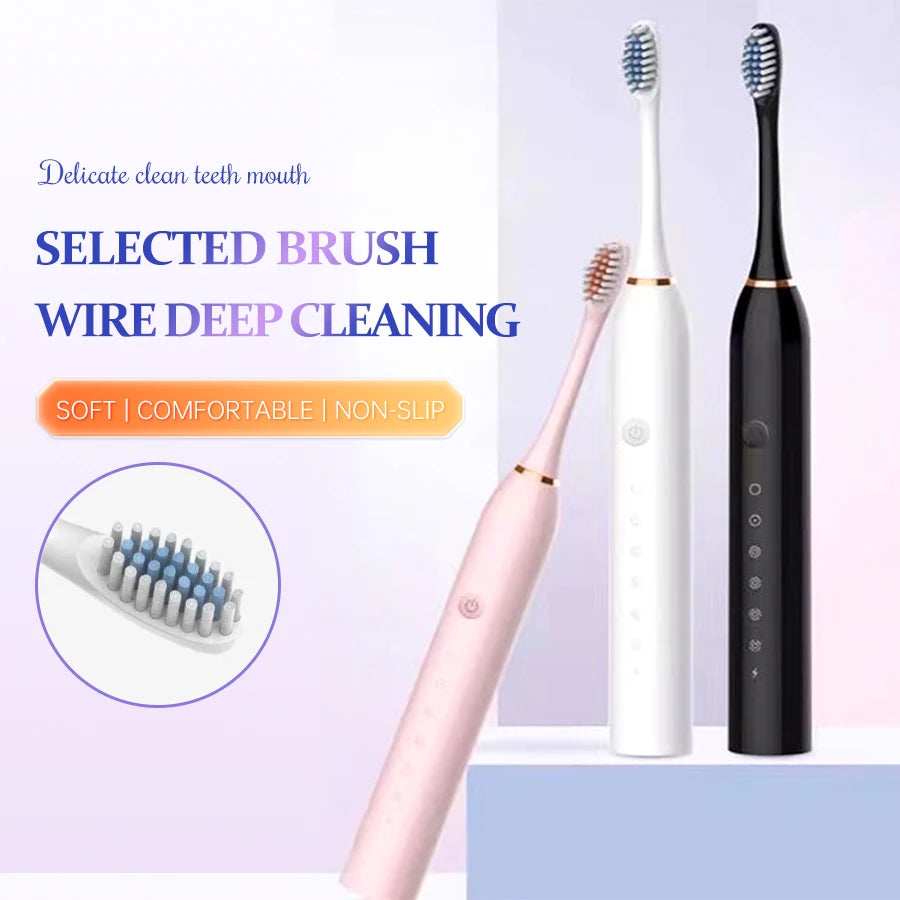 USB Rechargeable Ultrasonic Toothbrush - 6-Speed Black