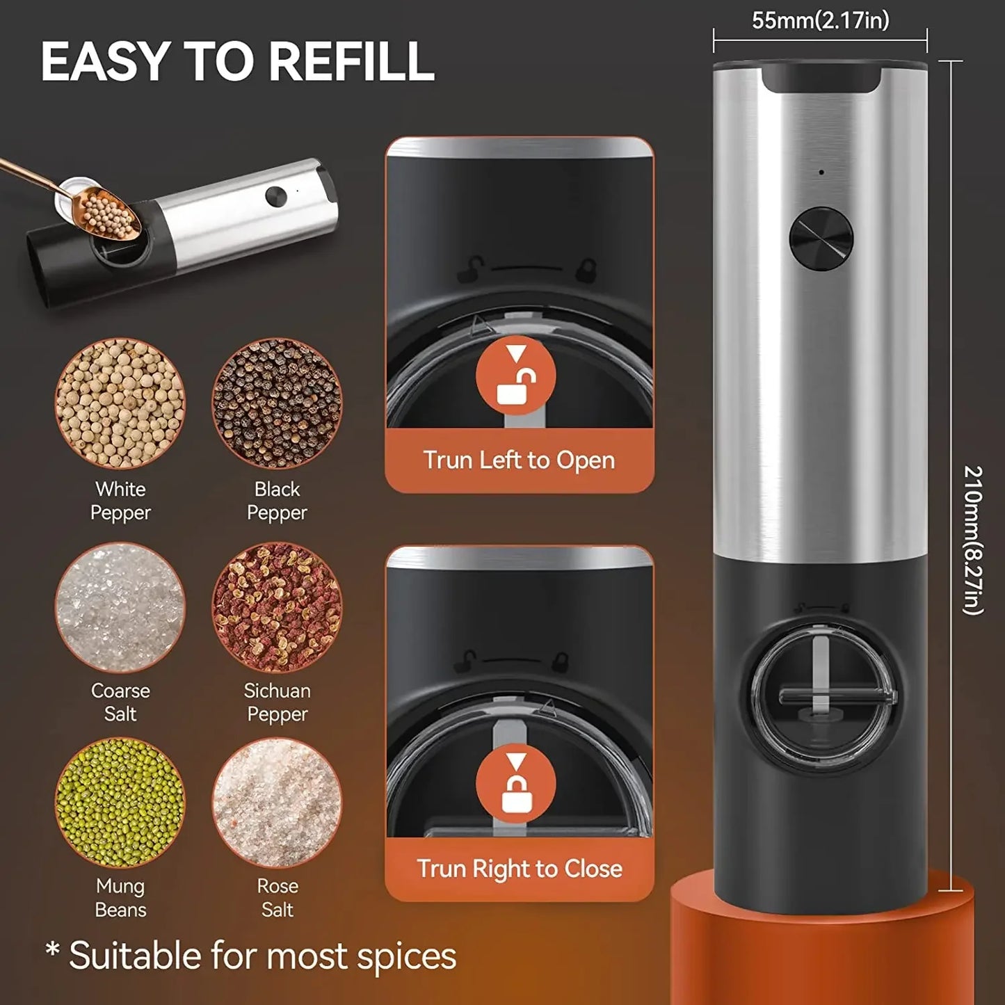 Rechargeable Electric Salt and Pepper Grinder Set with Base