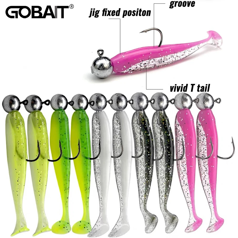 Soft T-Tail Worm Fishing Lure Kit with Jig Head Hooks