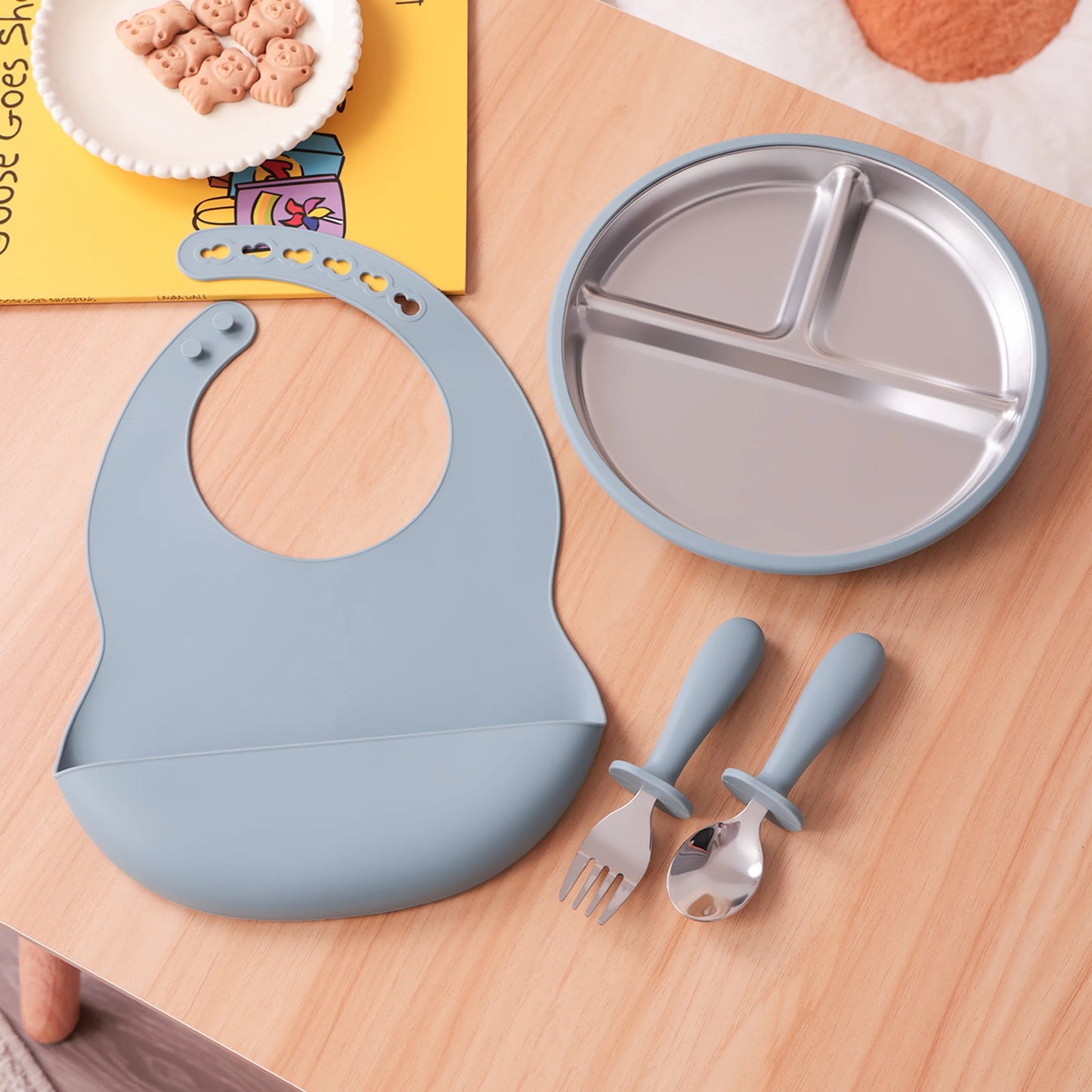 Stainless Steel Silicone Baby Feeding Set - 4 Piece BPA-Free Tableware