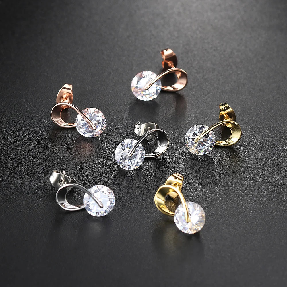 Cubic Zirconia Stud Earrings in Rose Gold or Silver Tone