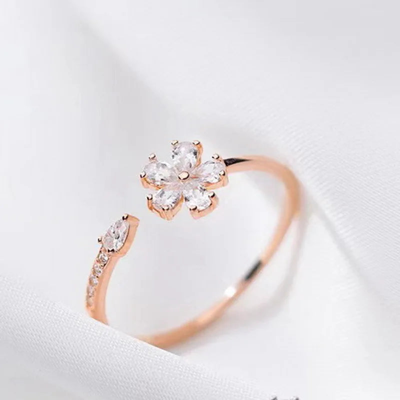 Adjustable Zircon Flower Opening Ring for Women