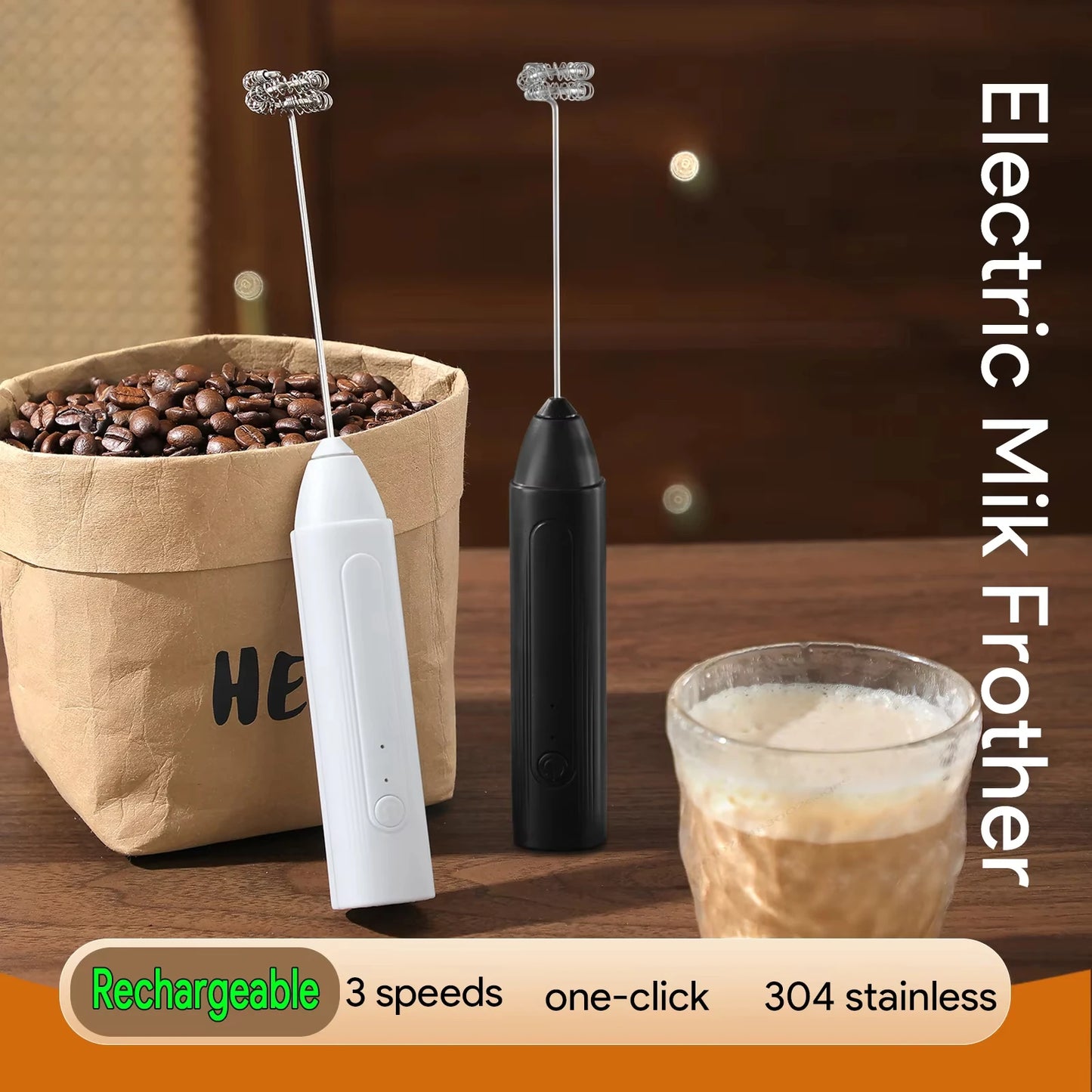 Rechargeable 3-Speed Handheld Milk Frother and Food Mixer