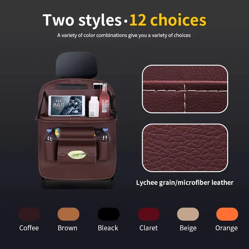 PU Leather Car Seat Back Organizer with Foldable Tray