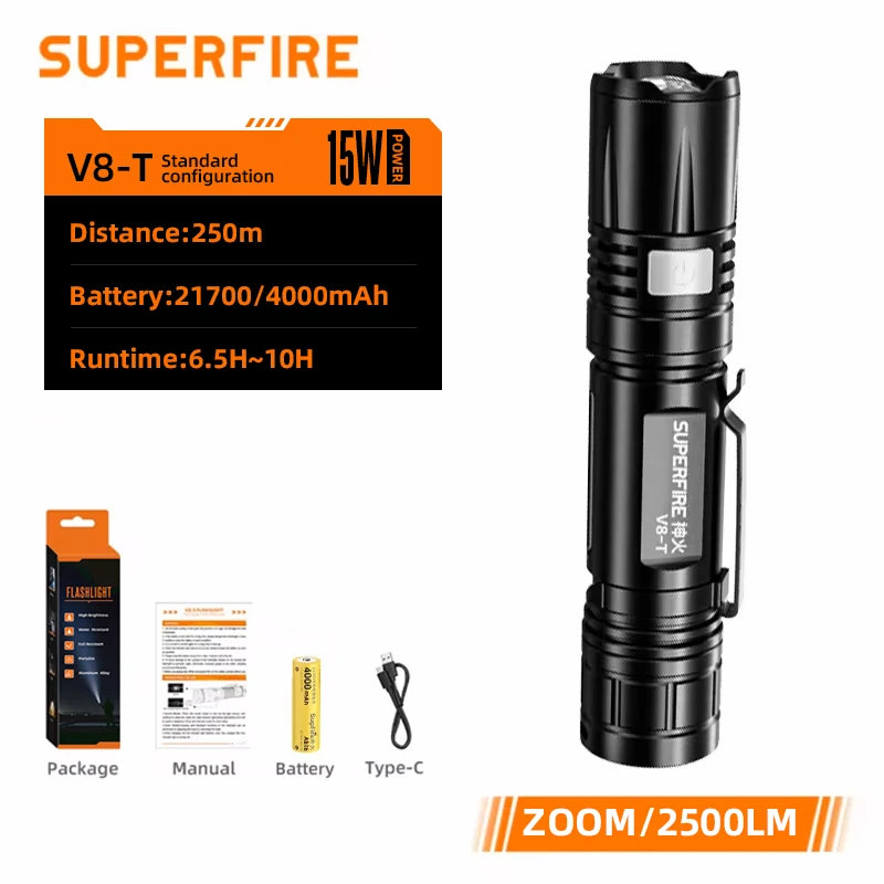 SUPERFIRE 36W Rechargeable LED Flashlight - Waterproof USB-C Torch