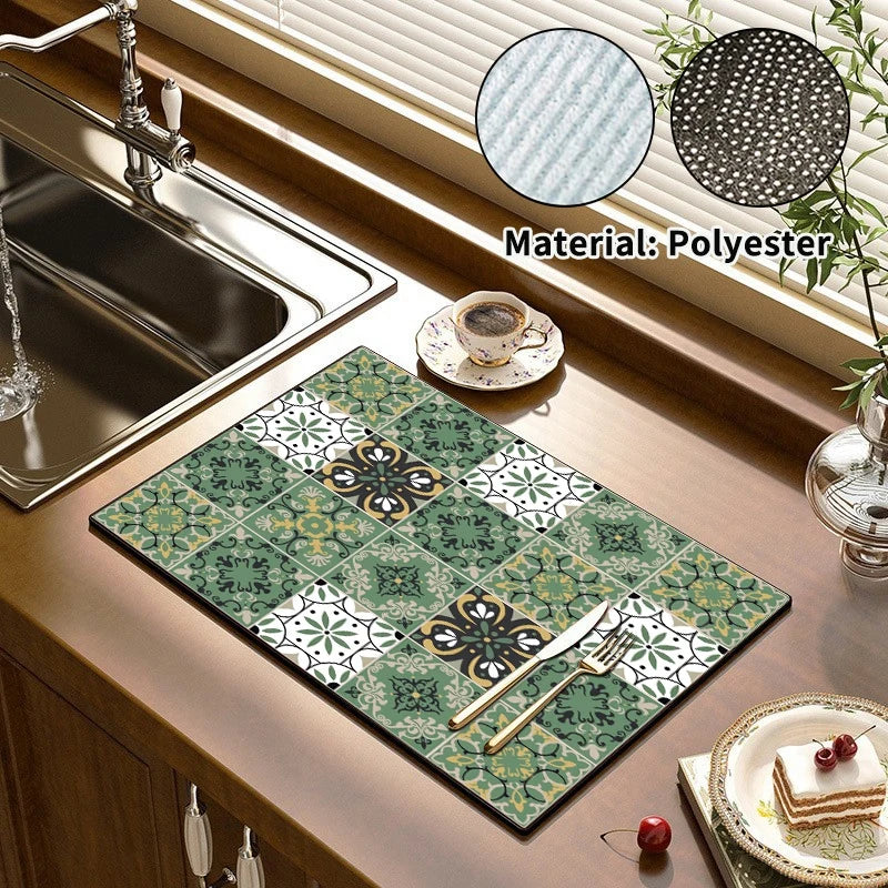Absorbent Printed Dish Drying Mat for Kitchen Counters