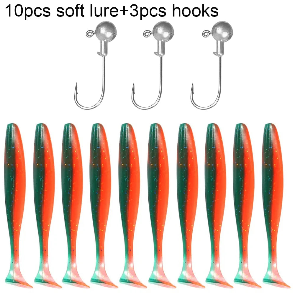 Soft T-Tail Worm Fishing Lure Kit with Jig Head Hooks