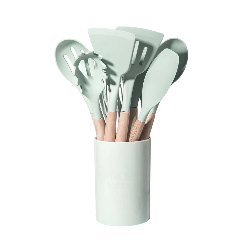 12-Piece Silicone Cooking Utensil Set with Wooden Handles