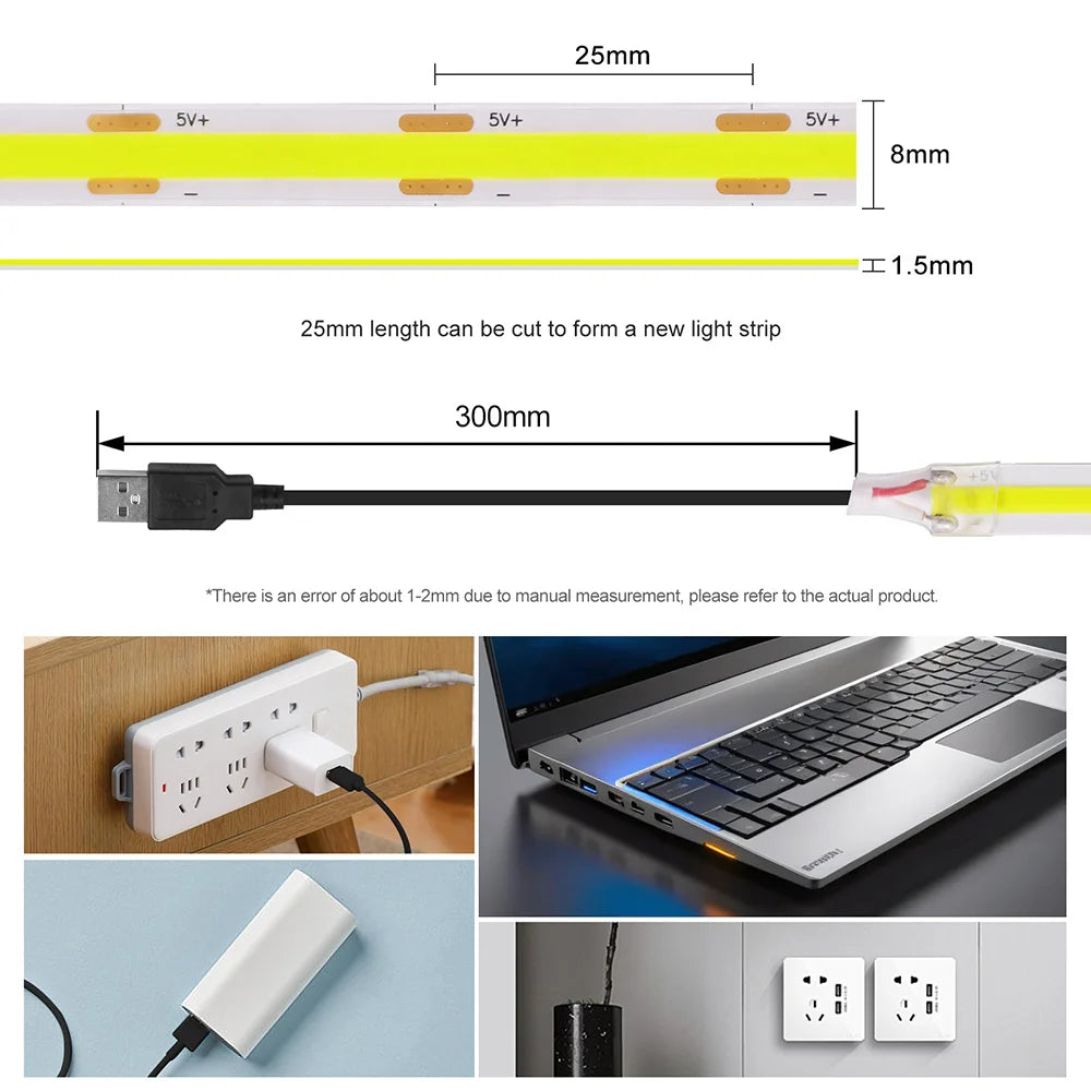 5V USB COB Strip Light 320 LEDs/m for Cabinets and TV Backlights