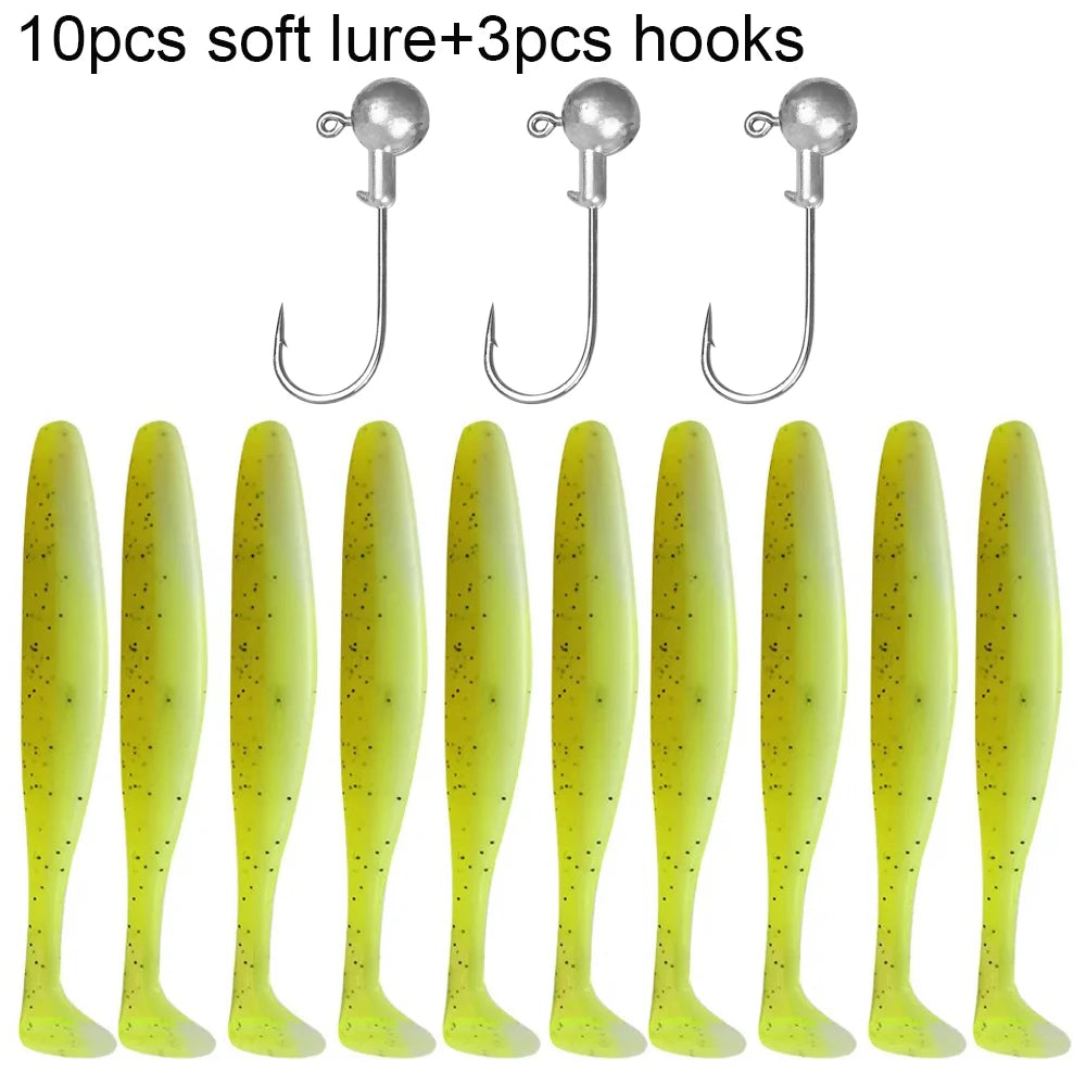 Soft T-Tail Worm Fishing Lure Kit with Jig Head Hooks