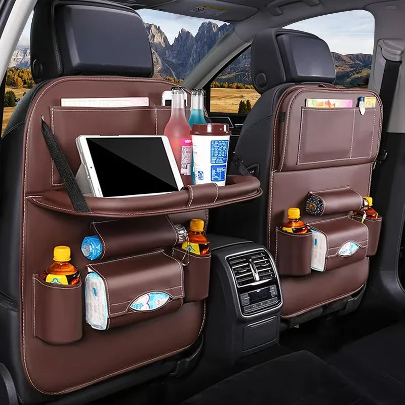PU Leather Car Seat Back Organizer with Foldable Tray