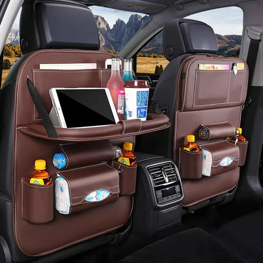 PU Leather Car Seat Back Organizer with Foldable Tray