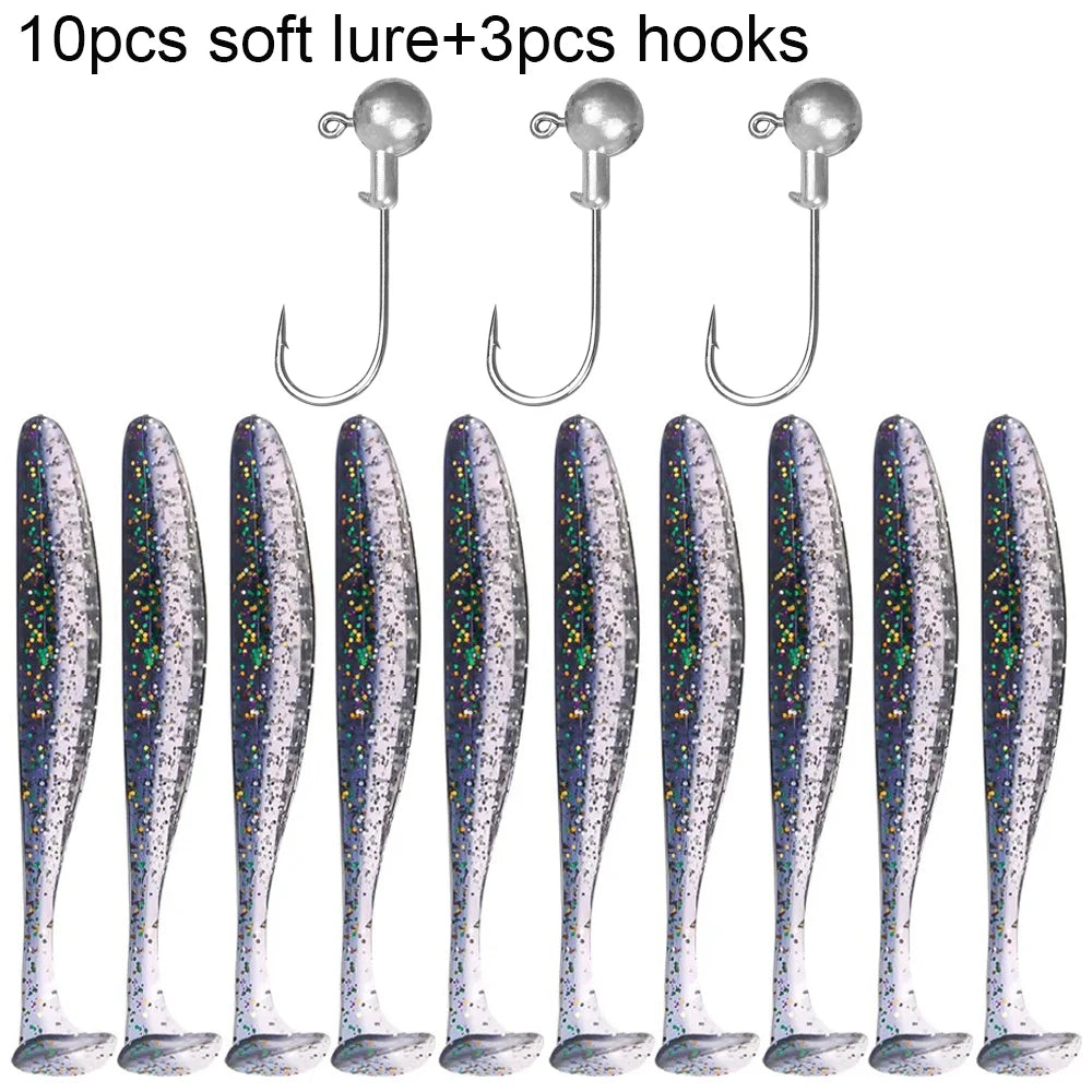 Soft T-Tail Worm Fishing Lure Kit with Jig Head Hooks