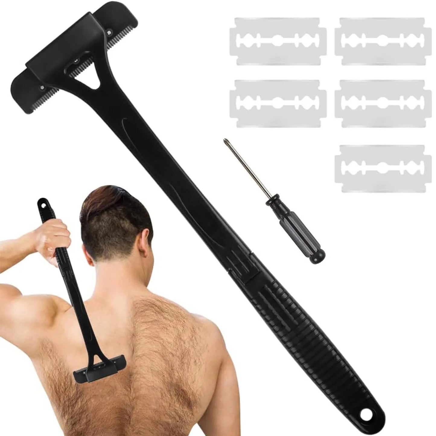 Foldable Long Handle Back Shaver for Men - Black
